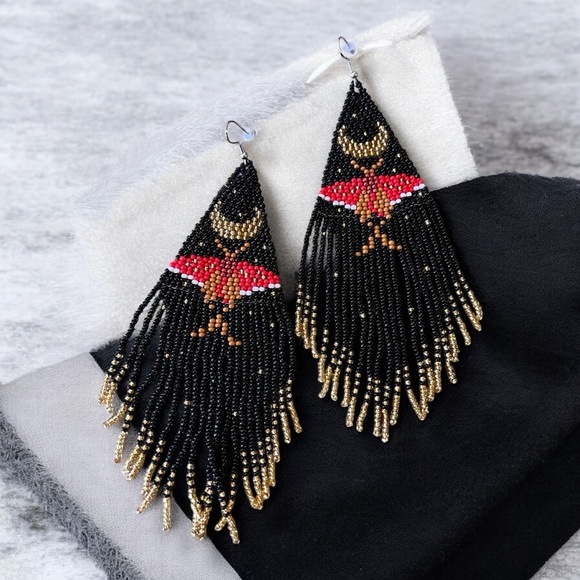 Bold Black Gold Silver Red Handmade Boho Witchy Beaded Earrings w/beaded fringe - Picture 15 of 16